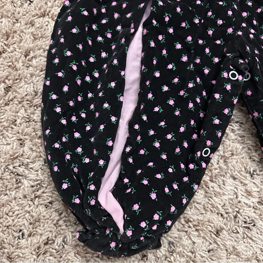 Vintage Tiny Tots Black & Pink Floral Corduroy Jumpsuit Baby Girl Size 18 Months